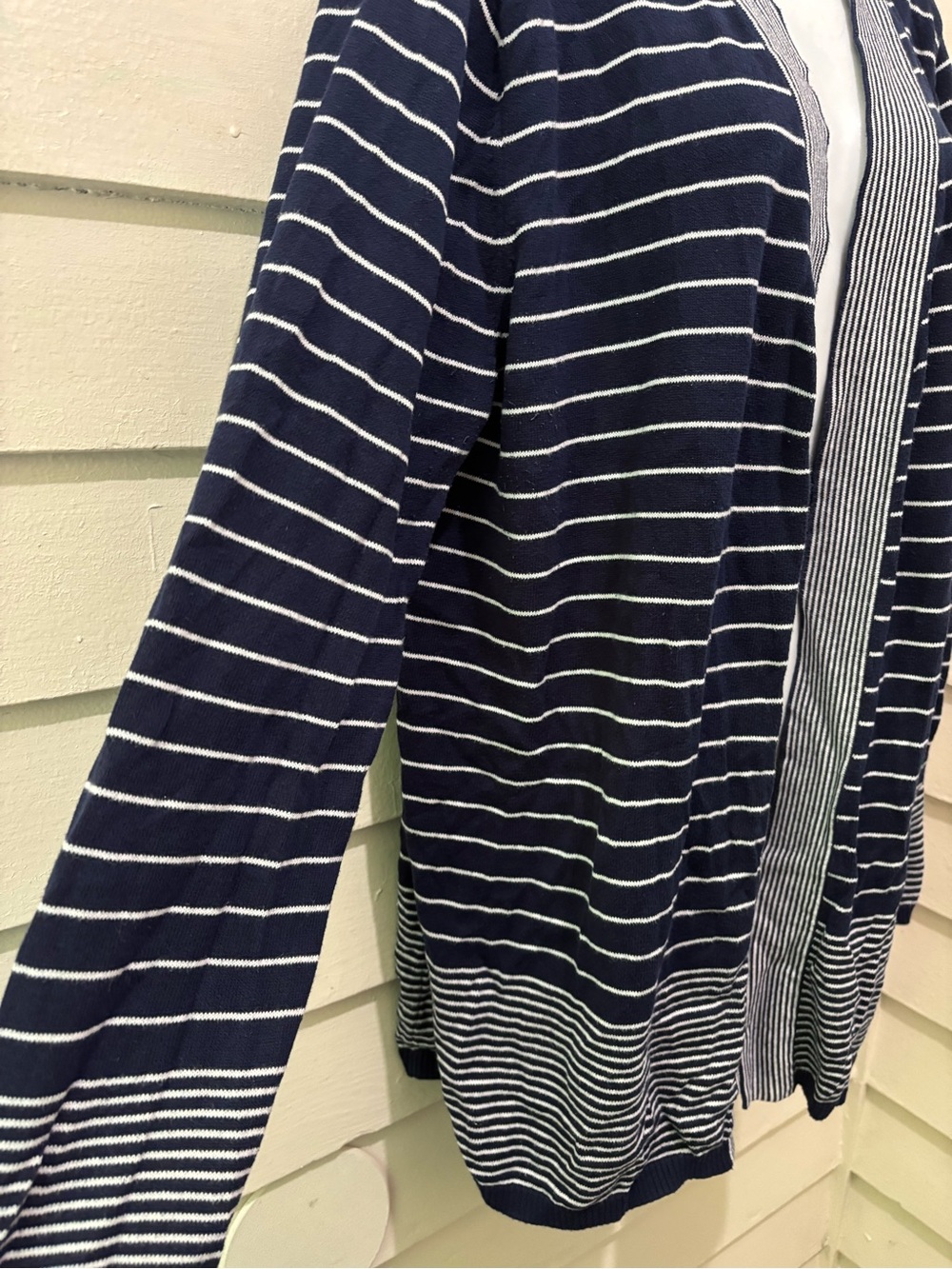 🔥5 for $25🔥 Kim Rogers Plus Size Blue Striped Open Front Knit Cardigan Sweater - Picture 2 of 8
